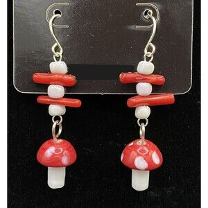 Handmade Mushroom Red & White Glass with Red Coral Bead Earrings by Neanie-Bot